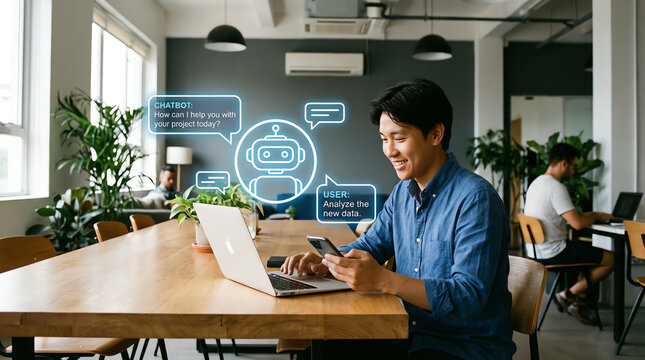Young man using a laptop and smartphone in a modern office, interacting with a chatbot for project assistance and data analysis - Powered by Adobe
