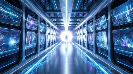 A futuristic corridor lined with glowing digital screens and blue light cables, featuring a silhouetted figure walking toward a bright, radiant portal at the end