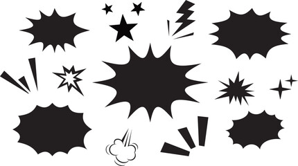 Fototapeta premium Black comic bubbles and elements. Comic effect shape with pop art style. Comic burst explosion, comic boom elements, and speech bubbles in black silhouettes
