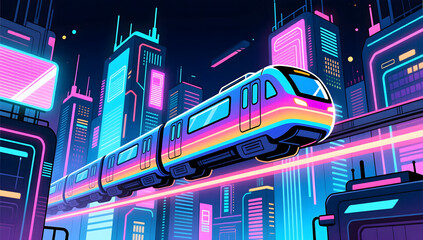 Maglev train in a cyberpunk style future city night scene