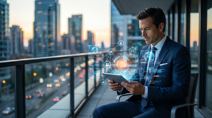 Businessman using digital tablet with futuristic holographic interface on balcony overlooking city at sunset