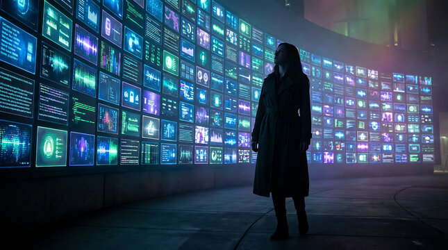 A silhouette of a person stands in front of a large curved digital wall displaying numerous colorful data visualizations and information panels in a dark, futuristic setting - Powered by Adobe