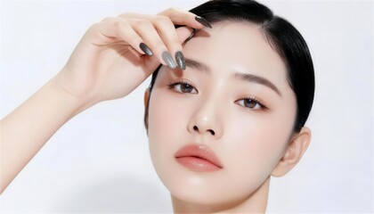 手を額に添えたダークカラーネイルと美しい女性