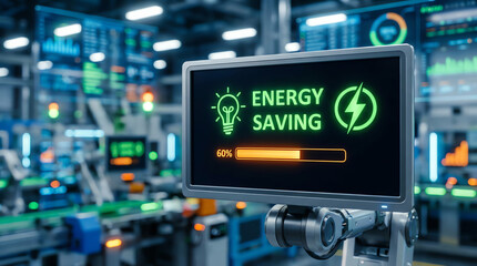 A digital screen in a modern industrial setting displays "Energy Saving" with icons and a progress bar at 60%, highlighting efficient power use in manufacturing