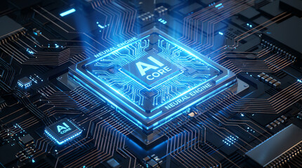 Glowing AI core chip with neural engine text embedded on a futuristic circuit board, representing advanced artificial intelligence technology and neural network processing