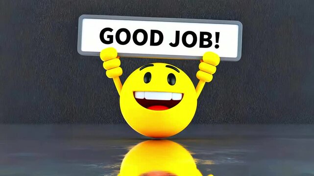 A cheerful, bright yellow 3d rendered emoji character enthusiastically holding up a sign proclaiming the positive affirmation "Good Job"