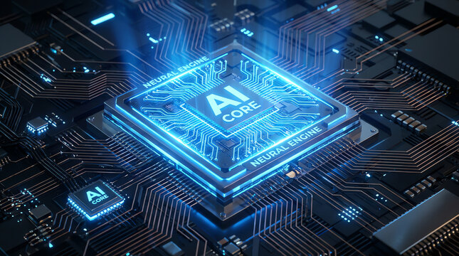 Glowing AI core chip with neural engine text embedded on a futuristic circuit board, representing advanced artificial intelligence technology and neural network processing - Powered by Adobe
