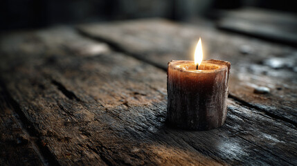 A glowing candle on a rustic wooden surface casting a warm light. The candle is lit, and the flame flickers gently. The scene evokes a sense of tranquility and serenity