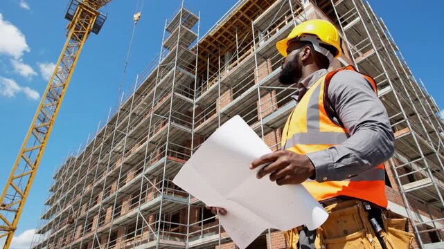 Architect's Vision: An architect or engineer intently studies blueprints, the construction site and the crane at work in a bright day. 