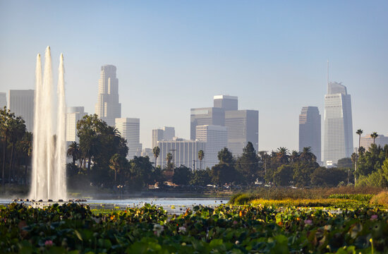 Fountain Los Angeles city skyline Echo Park nobody