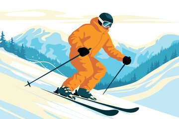 Skier Alpine Mountain Resort  Travel Poster Vector Illustration &ndash; Winter Sports Landscape