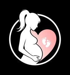 Pregnant woman silhouette with baby feet inside pink heart shape icon