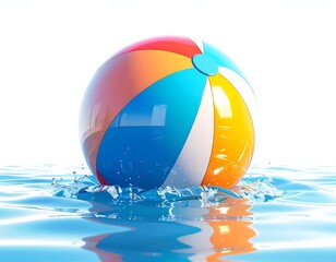 Colorful beach ball floating in clear blue water, with splashes