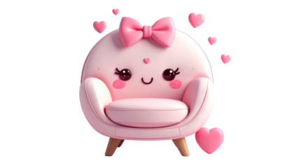 Cartoon pink armchair with a bow, hearts, and a smiling face. Cute and cheerful