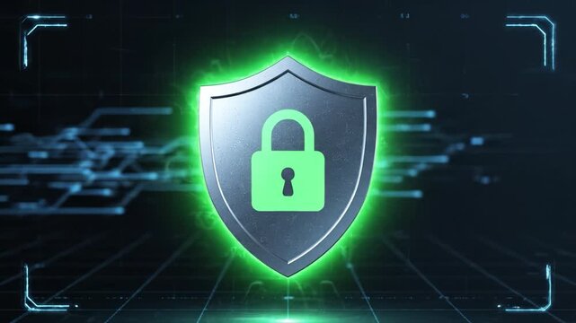 Shield with glowing green aura and padlock symbol signifying cybersecurity protection and data privacy futuristic digital network environment glossy shield blue glow digital grid holographic security