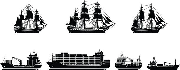 Black silhouette vector set of vintage sailing ships and modern cargo vessels, maritime transportation icons isolated on white background, sea vessels. © Mim's World