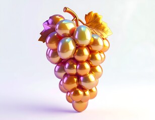 Shiny, golden grapes sculpture with iridescent highlights, against soft light