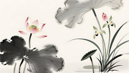Ink wash background with freehand lotus and orchids