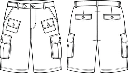 Technical flat sketch of men's cargo shorts, front and back view, multi pocket design, apparel vector template isolated on white.