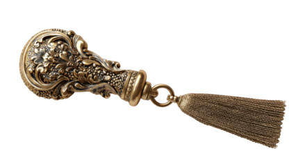 Ornate antique bronze metal seal with detailed decorative scrollwork and a matching elegant tassel, transparent background