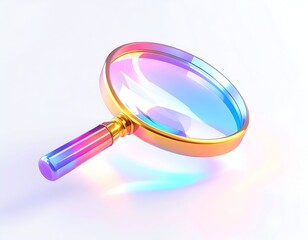 A colorful, shimmering magnifying glass with a gold frame, floating