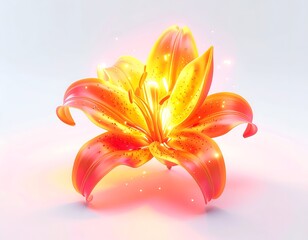 Illuminated orange lily with glowing petals, sparks, light backdrop