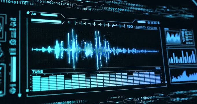 Digital sound wave visualization on a futuristic interface displaying audio data and metrics
