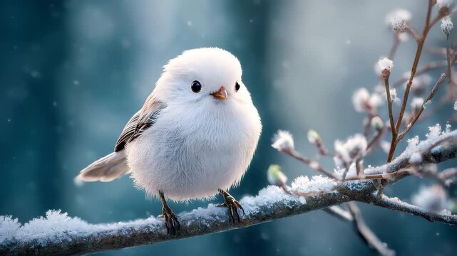 雪降る枝に止まるかわいいシマエナガ