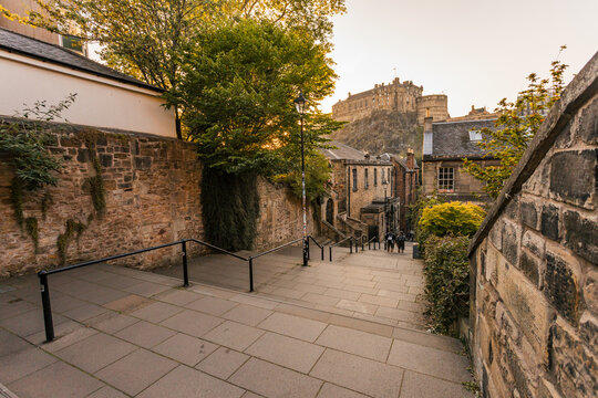 Beautiful Evening View of Edinburgh Castle From Cobblestone Steps