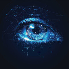 Futuristic eye with digital lines and glowing light, symbolizing advanced technology, artificial intelligence, and biometric identification , vector style simple color