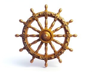 Ornate golden ship's wheel isolated on white background with shadows