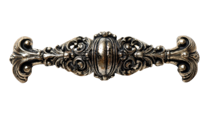 Ornate antique silver drawer pull with rococo style scrollwork and central design, isolated on transparent background