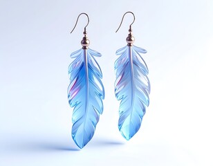 Two translucent blue feather earrings, with gold fixtures, on white background