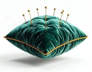 A luxurious, emerald green velvet pincushion with gold-tipped pins