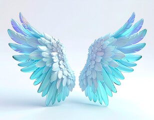 Detailed, iridescent, turquoise and white wings spread against a white backdrop