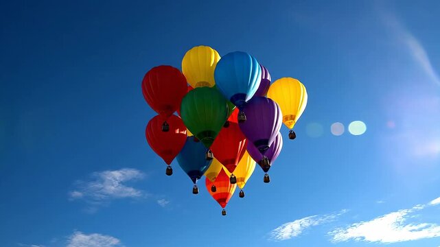 A vibrant cluster of colorful hot air balloons gracefully ascends into a brilliant clear blue sky, creating a breathtaking spectacle of adventure and freedom, perfect for capturing the essence of fli.