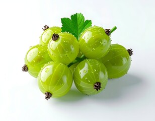 Close-up of gooseberries, glistening with droplets, on a white surface