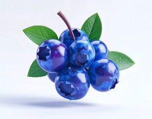 Cluster of ripe, deep blue, fruit with green leaves, soft shadows