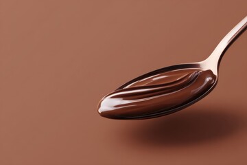 A close-up of a glossy spoonful of smooth dark chocolate spread against a warm brown backdropinviting delight