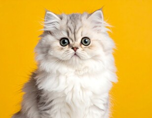 Portrait of a fluffy, silver-shaded kitten with striking green eyes