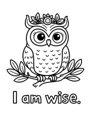 Fototapeta premium Cute Cartoon Owl with a Crown and Leaves in Black and White Coloring Page for Kids