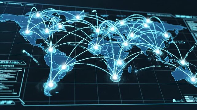 Global network map showing illuminated connection nodes across continents with glowing data arcs and digital interface elements evoking real time communication and cyber infrastructure and digital
