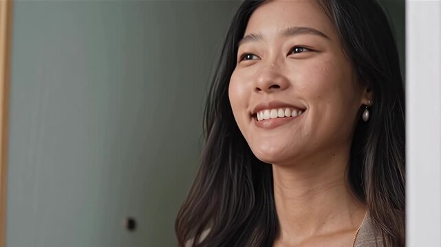 Smiling Asian Woman Receiving Cardboard Package From Delivery Courier In Red Shirt