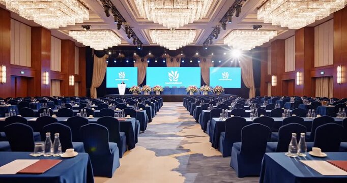 Elegant conference hall set up for a corporate event with blue seating and floral arrangements