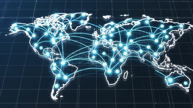 Global network map with glowing connection nodes and lines illustrating international data exchange and digital communication across continents, glowing world map digital map global network