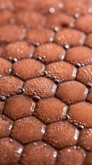 Macro view of a brown pebbled surface with tightly packed rounded bumps forming a honeycomb texture. brown hue