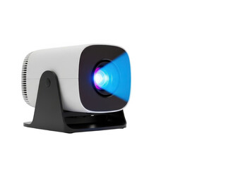 Compact white digital projector on a black stand emitting a vibrant blue light beam isolated on transparent background