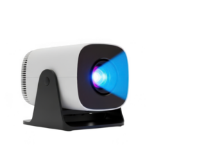Compact white digital projector on a black stand emitting a vibrant blue light beam isolated on transparent background