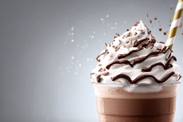 Chocolate milkshake topped with whipped cream, chocolate drizzle, and striped straw against a gray background