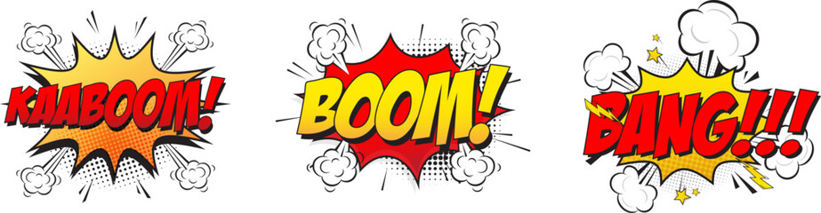 Comic Pop Art Explosion Sound Effects Set. Kaboom, Boom and Bang Comic Speech Bubble